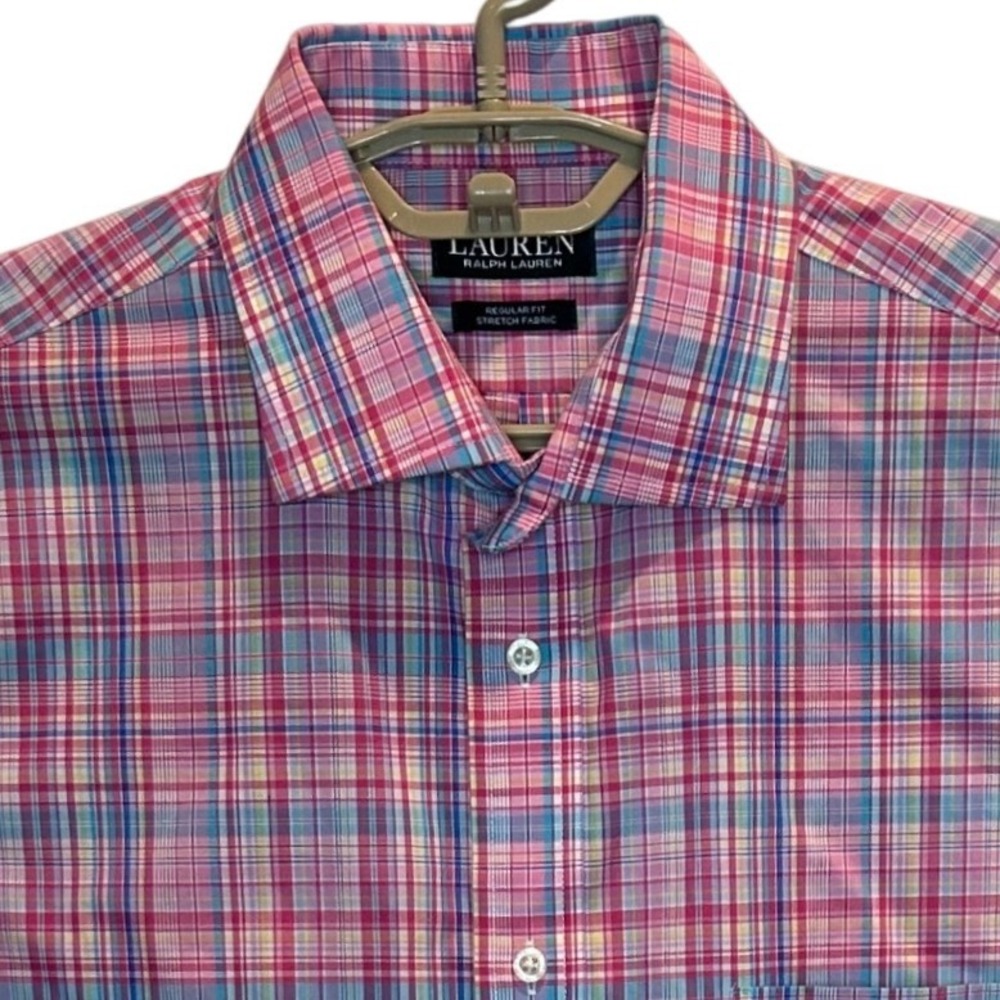 Lauren Ralph Lauren Shirt 16.5 32/33 Mens Pink Blue Plaid Regular Fit Stretch